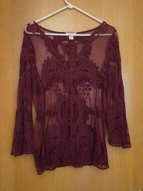 San Tropez West Sheer Lace Mesh Top Size M Burgundy Wine Red Bodycon Fairy Goth